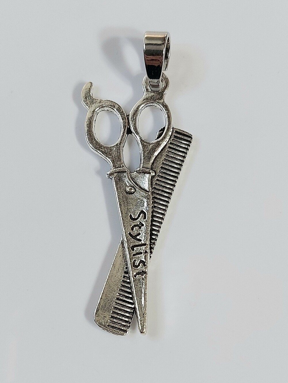 Silver Scissors & Comb Pendant - Men Womens Grooming Necklace Charm